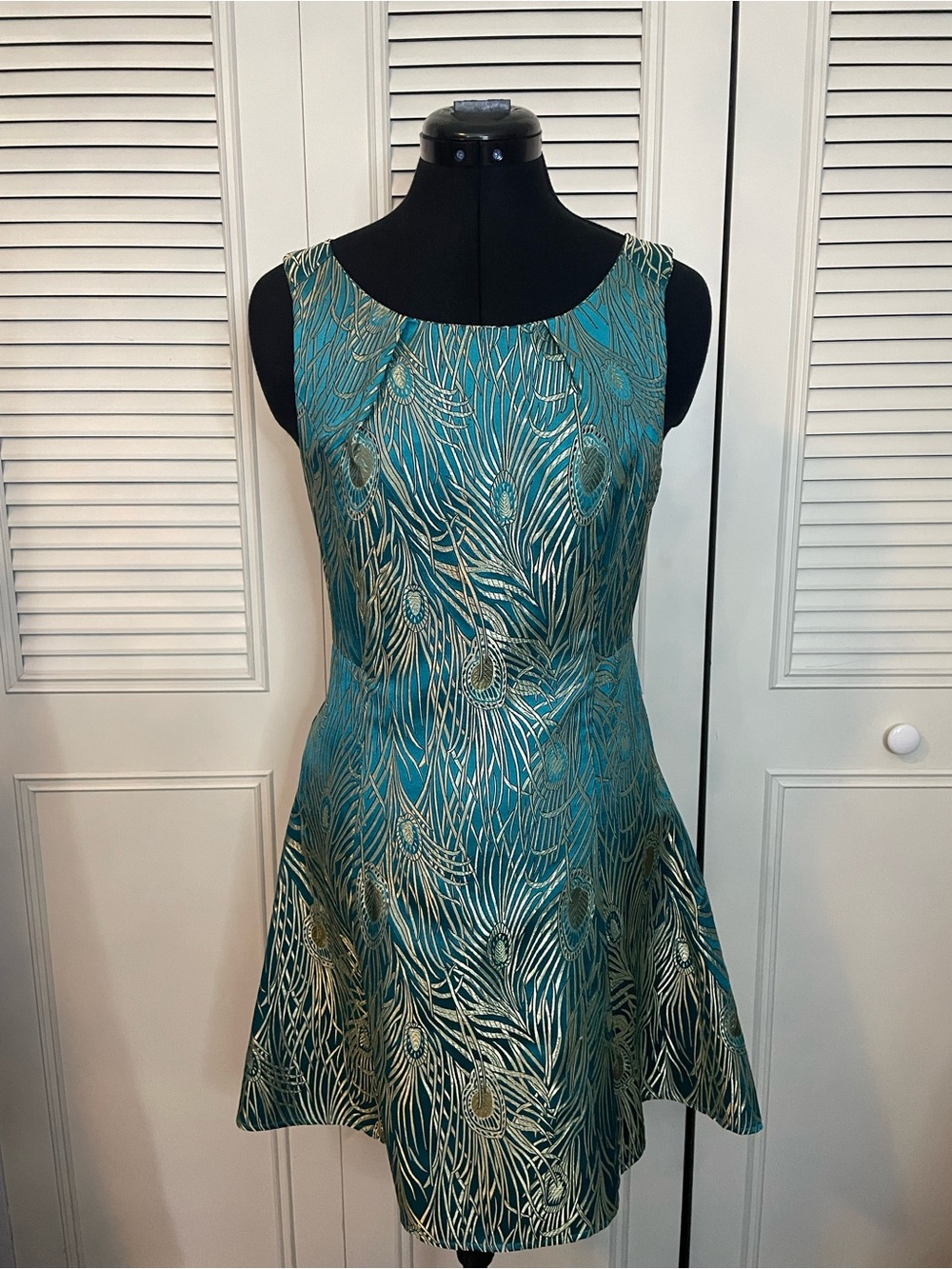 Teal Metallic Peacock Brocade Sheath Dress - Picture 2 of 9